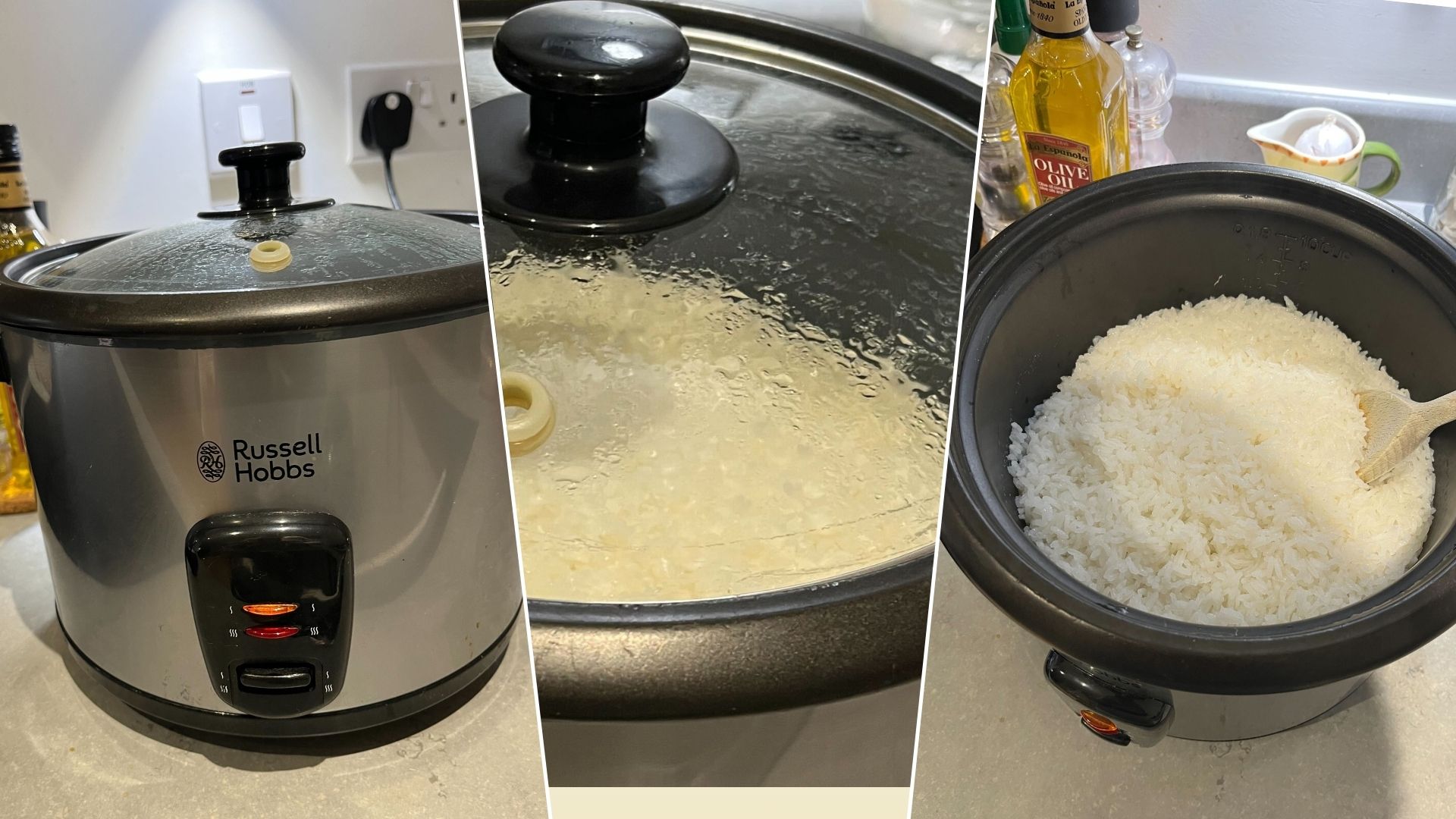 Compilation image showing the Russell Hobbs rice cooker preparing rice