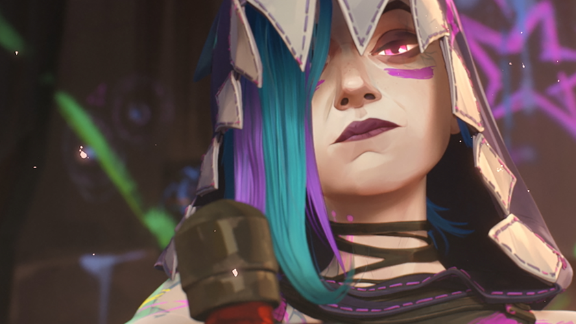 Jinx, wearing a hood, stares down with abject malice at the camera in Arcane Season 2.