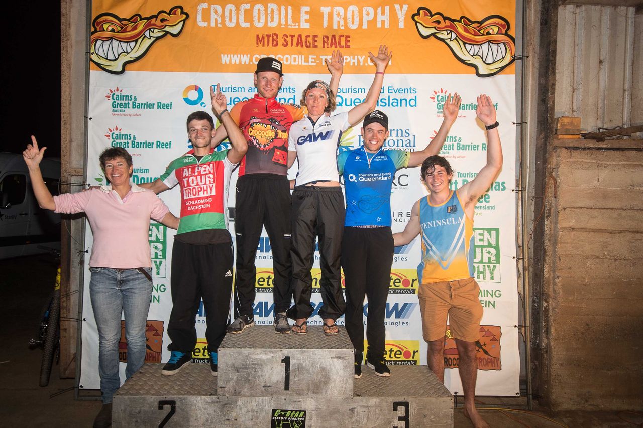 Leader jerseys after Stage 4 (l-r): Atherton MTB Park official, Leasie Felderhof, Amateur Leader Christian Leschke (GER), Overall race leader Urs Huber (SUI), Sarah White (AUS), Fastest Australian Brendan Johnston (AUS) with Son of Leasie Felderhof, who owns the Coombre Station, the Crocodile Trophy camp of the past two days