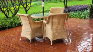 Wicker furniture outside in the rain