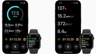 Two pairs of Apple Watch Series 8 and iPhones mirroring cycling metrics from the workout app