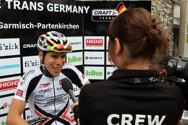 Stage 3 winner Thomas Litscher interviewed at the finish.