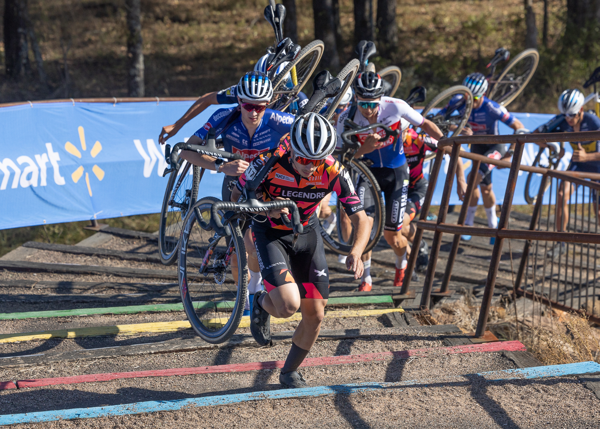 Remi Lelandais (Cross Team Legendre) was the first to the steps in the Oz Cross Men's UCI C1 race on Friday.