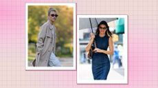 Quiet Luxury: Sofia Richie and Kendall Jenner pictured on the street, Sofia wears a beige coat and white trousers while Kendall is seen wearing a denim midi dress with a leather bag and holding an umbrella/ in a cream and pink template