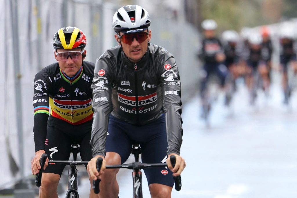 Remco Evenepoel rides to the start of stage 8 of Paris-Nice