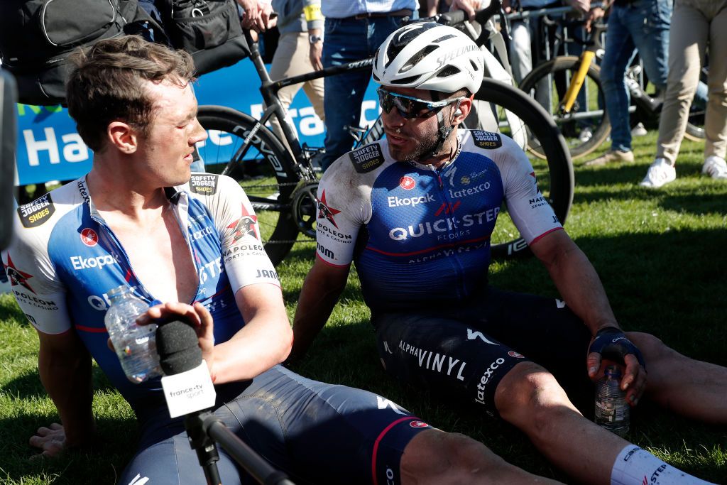 ROUBAIX FRANCE APRIL 17 LR Yves Lampaert of Belgium and Florian Senechal of France and Team QuickStep Alpha Vinyl after finish the 119th ParisRoubaix 2022 Mens Elite a 2572km one day race from Compigne to Roubaix ParisRoubaix WorldTour on April 17 2022 in Roubaix France Photo by Bas CzerwinskiGetty Images