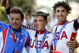 The 2004 Olympic Games time trial podium (L-R): Viatcheslav Ekimov (Russia), silver; Tyler Hamilton (USA), gold; Bobby Julich (USA), bronze