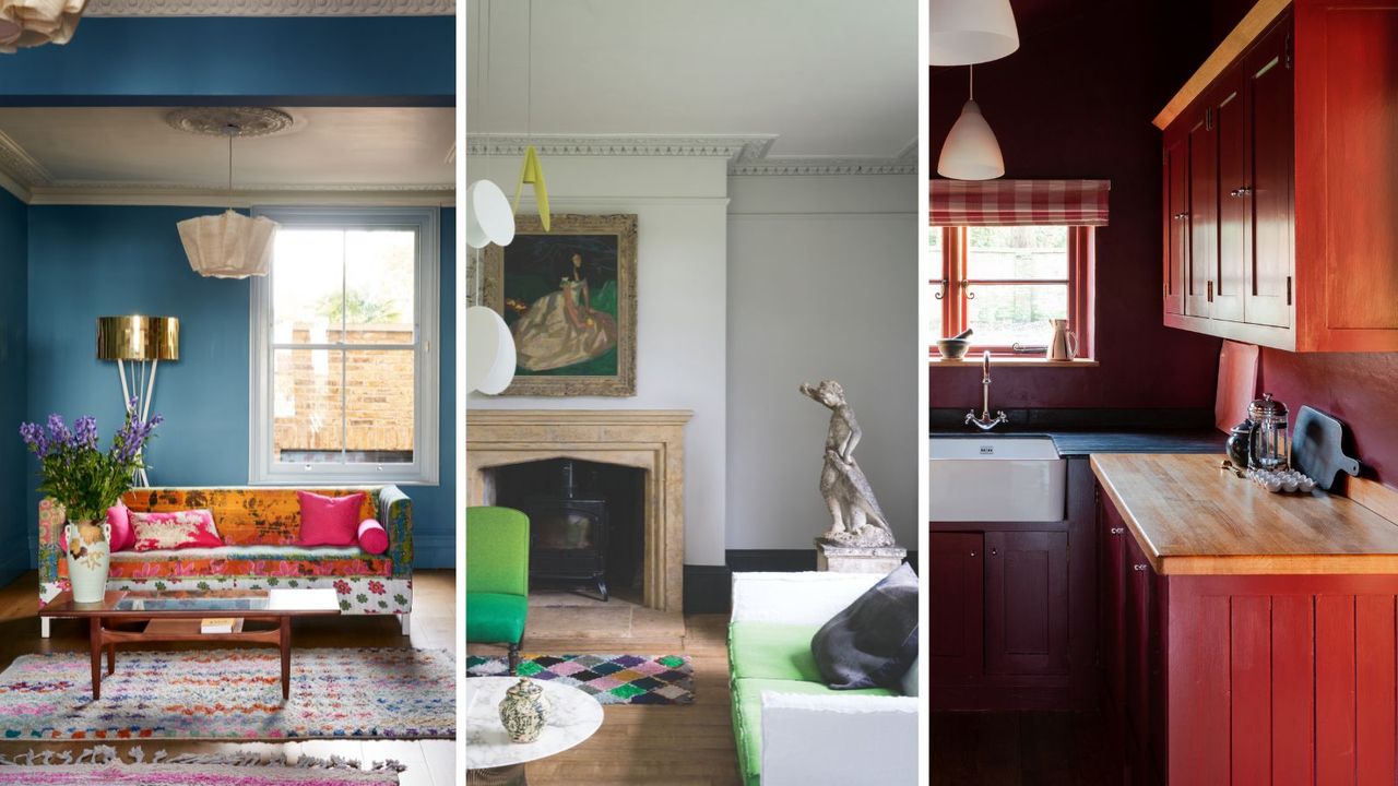 Three images of tidy spaces. L-R blue living room with colorful couch and rug. White with crown molding and green accent chair. Red kitchen with butler&#039;s sink and checkered window treatments