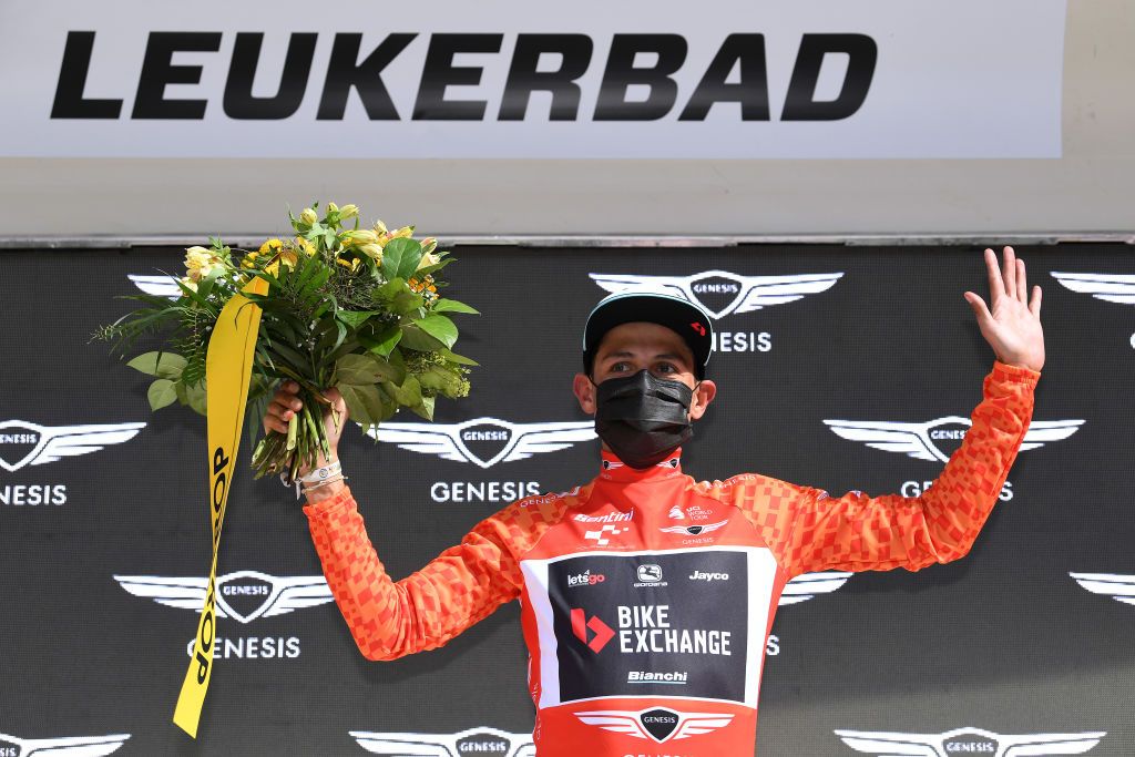 LEUKERBAD SWITZERLAND JUNE 10 Johan Esteban Chaves Rubio of Colombia and Team Bikeexchange Orange Mountain Jersey celebrates at podium during the 84th Tour de Suisse 2021 Stage 5 a 1752km stage from Gstaad to Leukerbad 1385m UCIworldtour tds tourdesuisse on June 10 2021 in Leukerbad Switzerland Photo by Tim de WaeleGetty Images