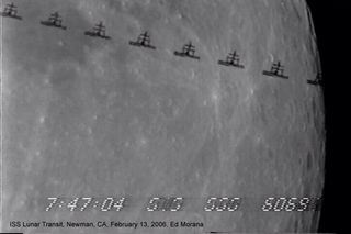 Multiple image compilation of the International Space Station passing in front of the Moon.
