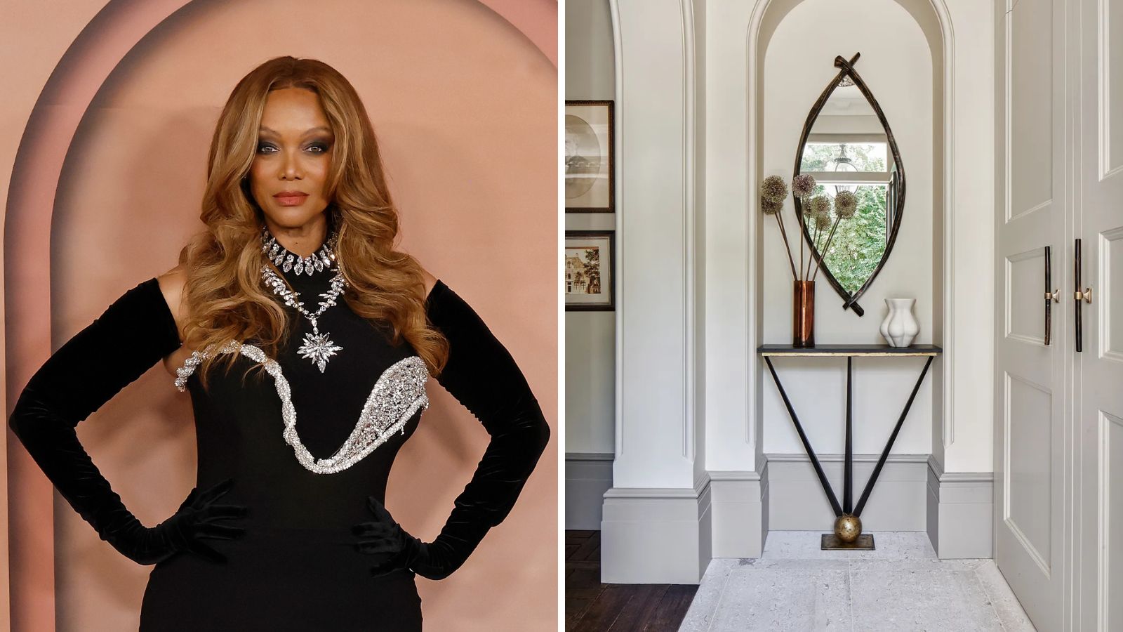a splitscreen with tyra banks on the left and a white entryway on the right