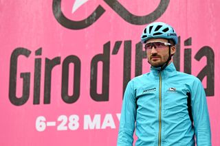 Gianni Moscon in Astana blue in front of the Giro d'Italia sign-on podium