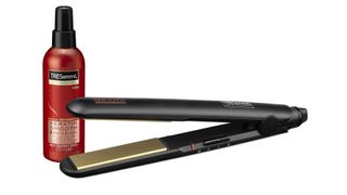 the TRESemmé Smooth Control 230 Hair Straightener next to a bottle of product
