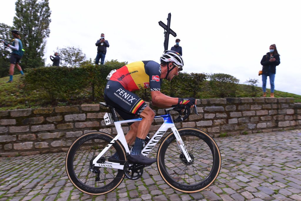 GERAARDSBERGEN BELGIUM OCTOBER 03 Dries De Bondt of Belgium and Team AlpecinFenix Wall of Geraardsbergen Mur de Huy De Muur Fans Public Cobblestones during the 16th BinckBank Tour 2020 Stage 5 a 1836km stage from Ottignies Louvain la Neuve to Muur van Geraardsbergen 108m BinckBankTour BinckBankTour on October 03 2020 in Geraardsbergen Belgium Photo by Luc ClaessenGetty Images