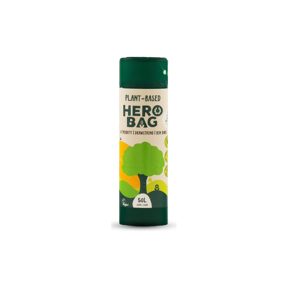 Bin bag roll with hero bag logo and drawing of a tree on the label