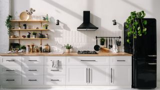 A black refrigerator in a white kitchen with a plant on top.