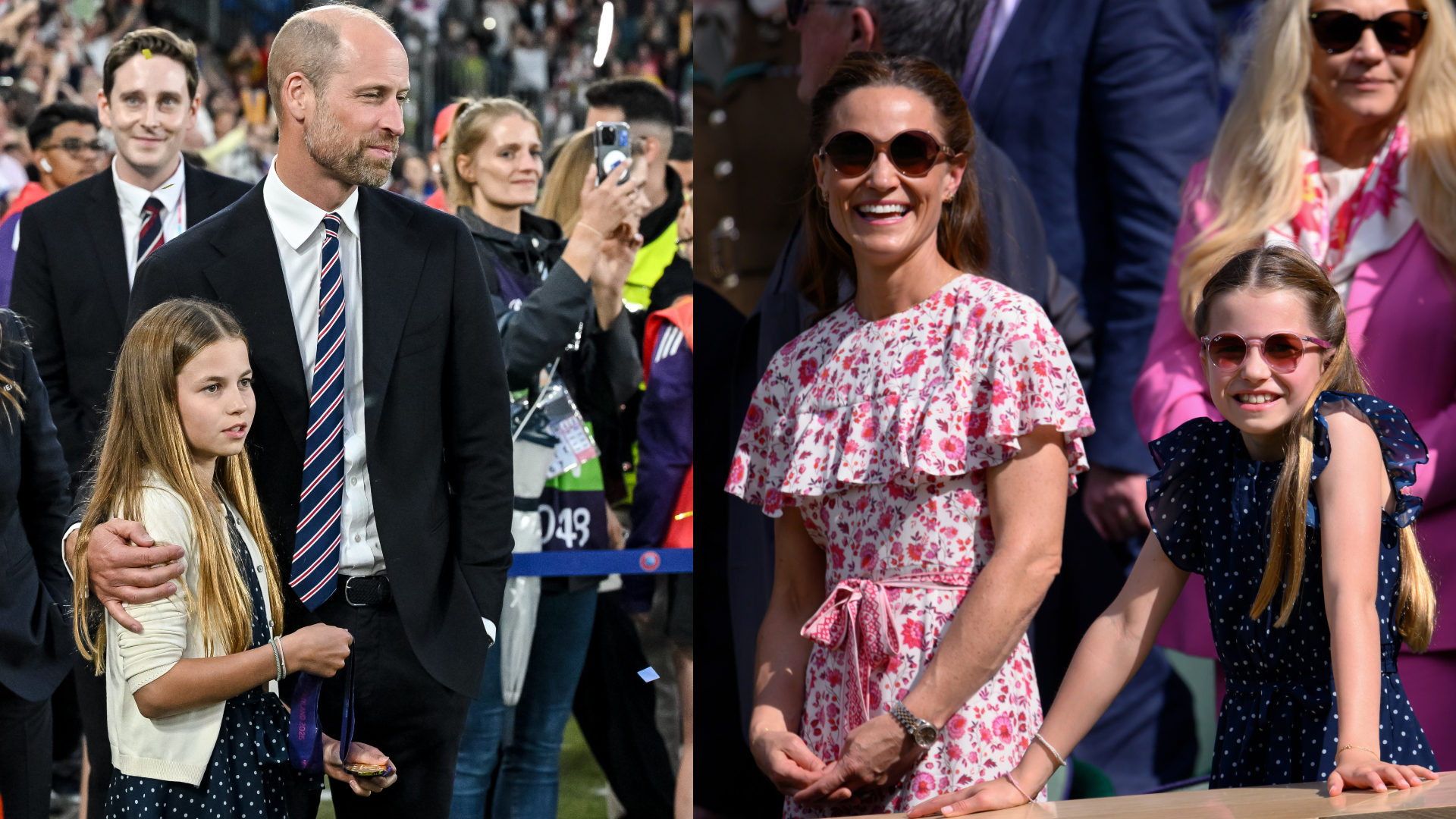 Prince William with his arm around Princess Charlotte; Pippa Middleton standing next to Princess Charlotte and smiling at Wimbledon