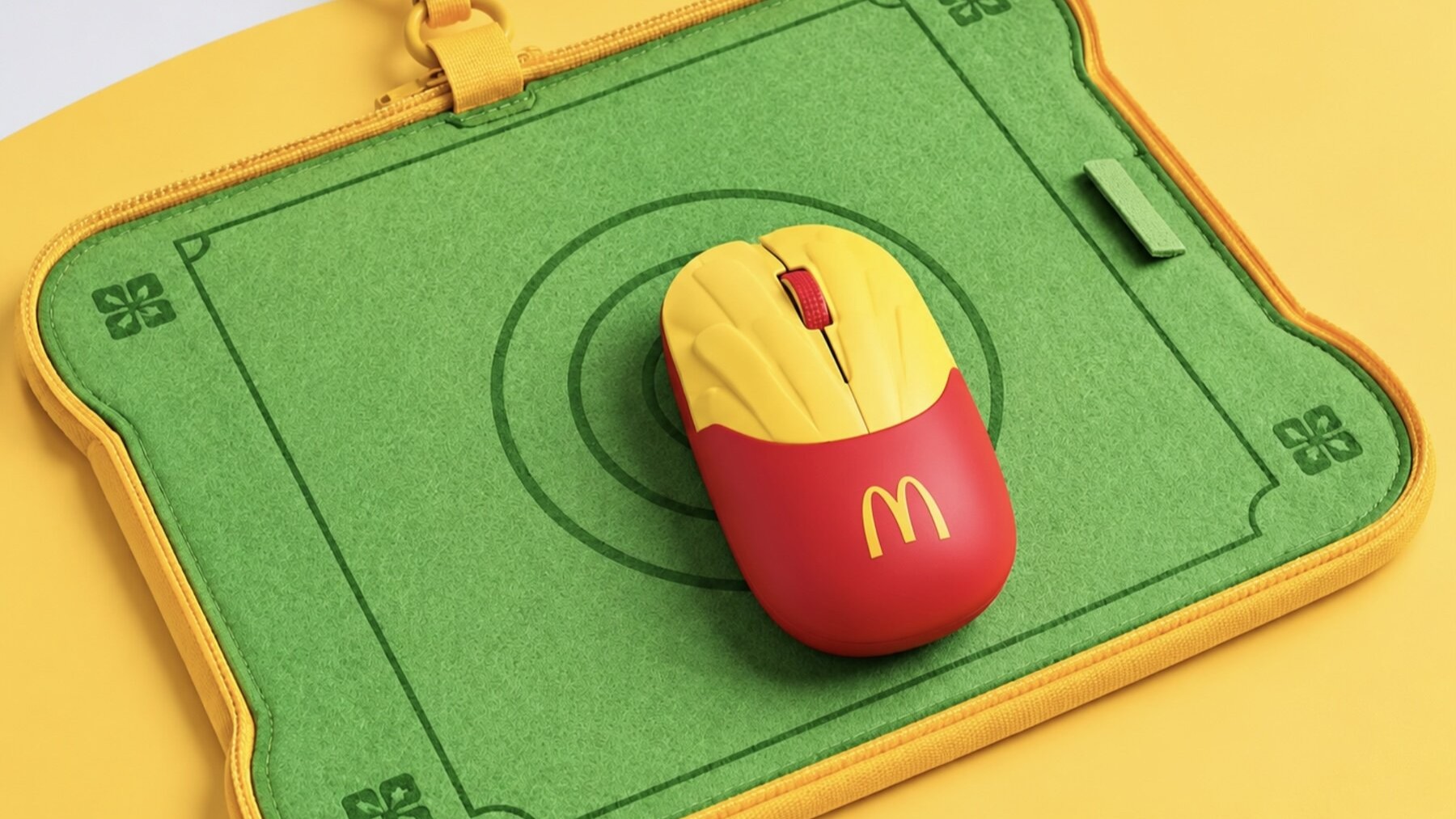 McDonald's-themed wireless computer mouse with a french fry-inspired design placed on a green mouse pad with a decorative geometric pattern.
