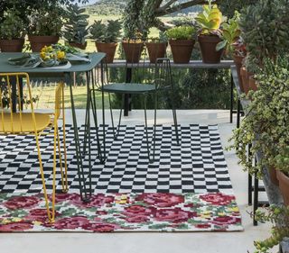 A patterned outdoor rug beneath outdoor furniture
