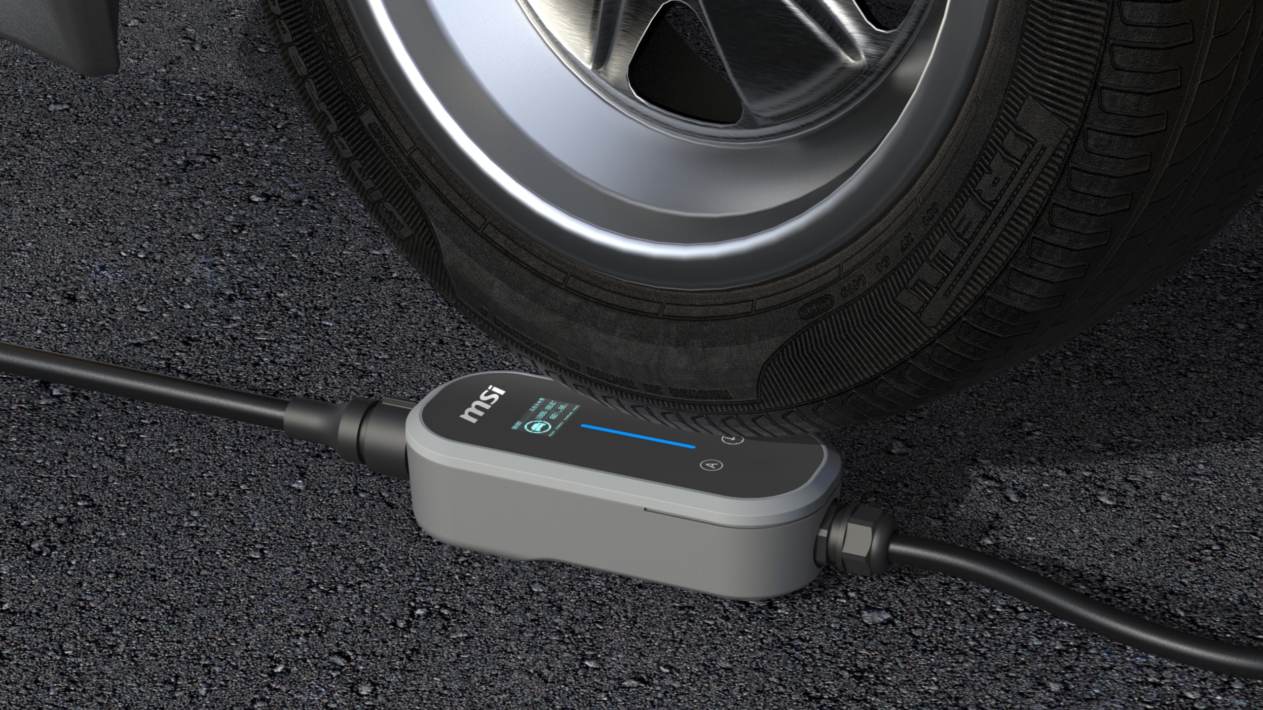 Product photo of the MSI EZgo electric vehicle charger in use