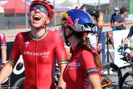Annika Langvad (Specialized) has a laugh with her team-mate Kate Courtney
