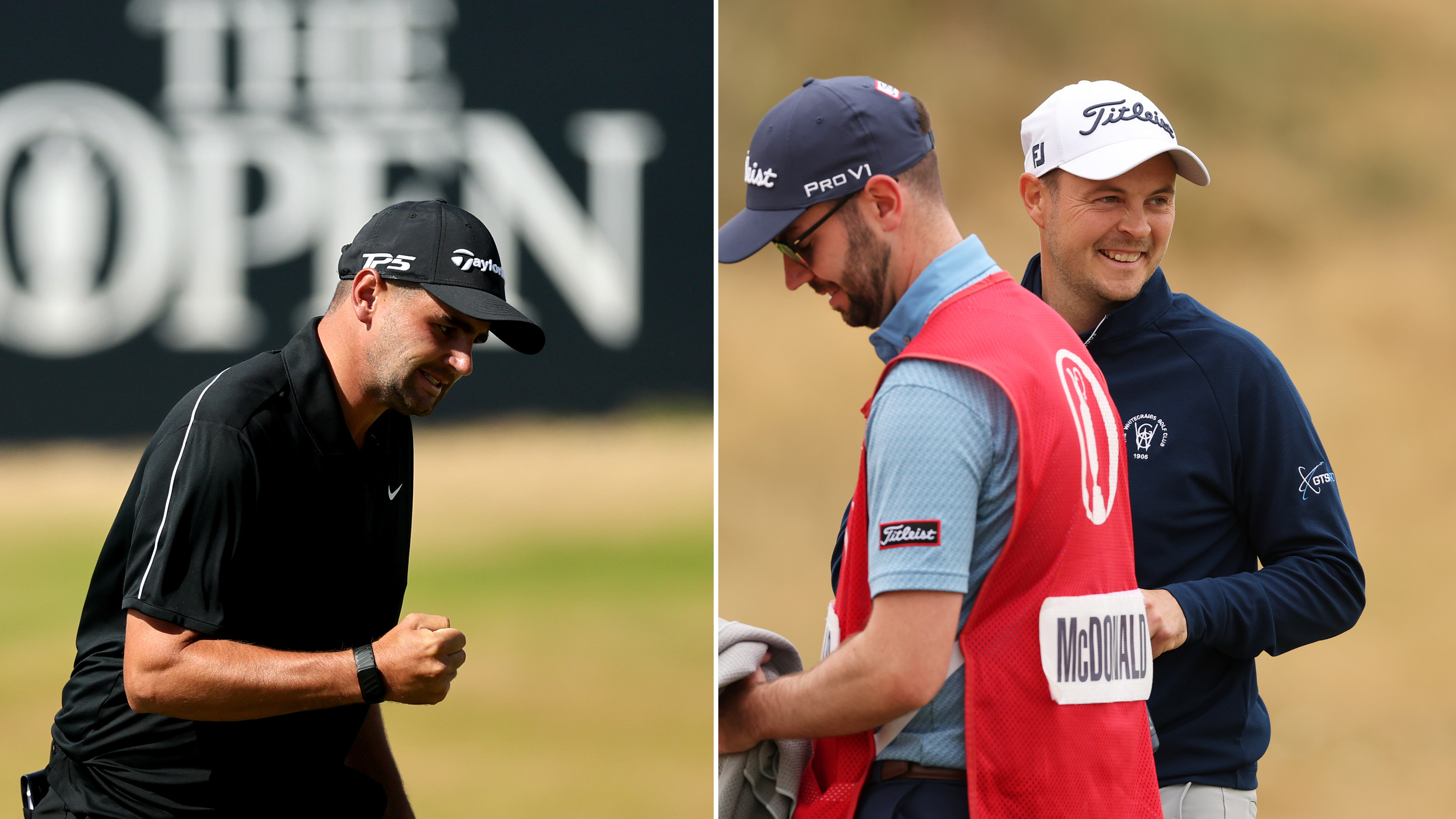 (left) Casey Jarvis celebrates at The Open while Jack McDonald smiles (right)