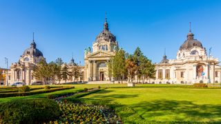 front of spa building in Budapest