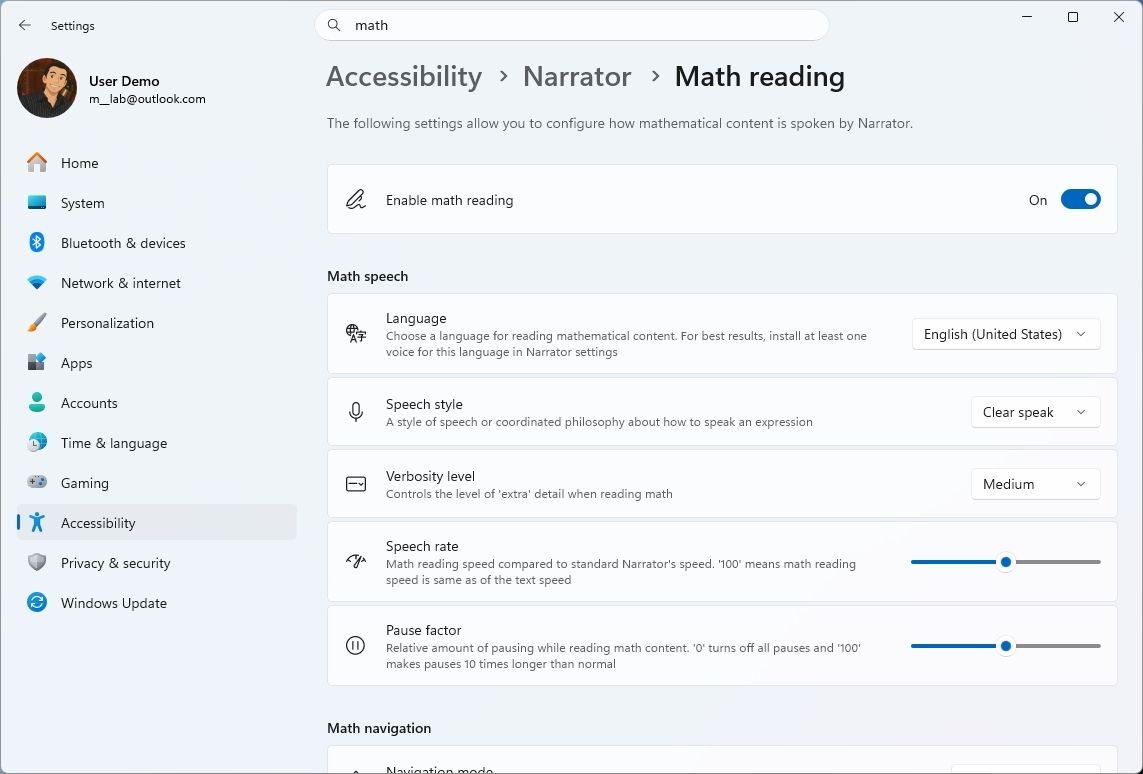Windows 11 Settings showing the Narrator math reading settings.