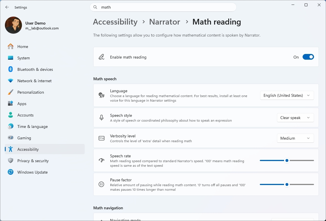 Windows 11 Settings showing the Narrator math reading settings.