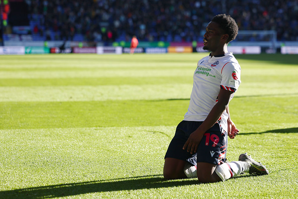 Amario Cozier-Duberry of Bolton Wanderers celebrates after he scored for 1-0 during the Sky Bet League One match between Bolton Wanderers and Cardiff City at University of Bolton Stadium on October 25, 2025 in Bolton, England.