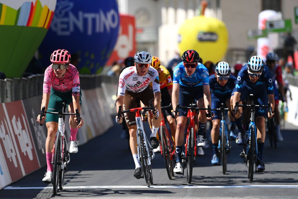 TOBLACH HOCHPUSTERTAL ITALY APRIL 20 Sean Quinn of United States and Team EF Education Easypost reacts after cross the finishing line during the 45th Tour of the Alps 2022 Stage 3 a 1546km stage from Lana to Villabassa TouroftheAlps on April 20 2022 in Toblach Hochpustertal Italy Photo by Tim de WaeleGetty Images