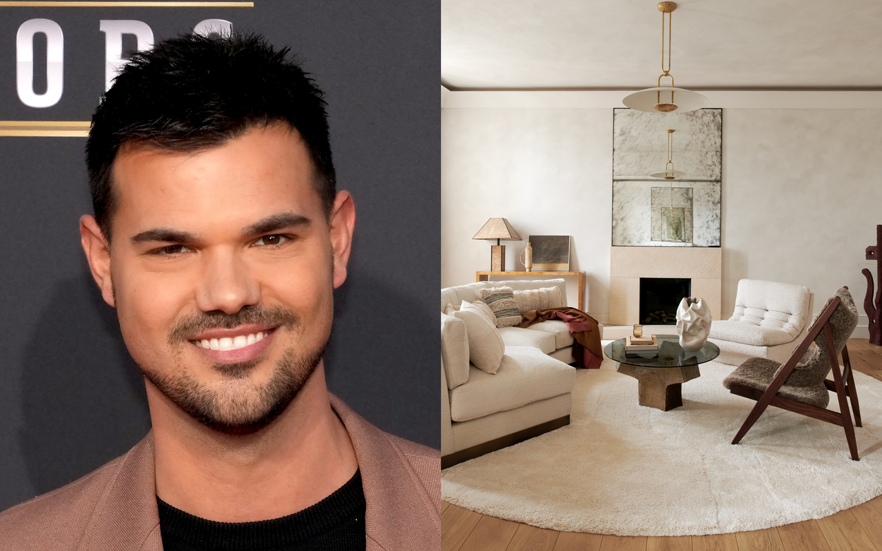 A split image with a headshot of Taylor Lautner smiling at the camera on the right, and a photo of a neutral living room with a circular white shag rug