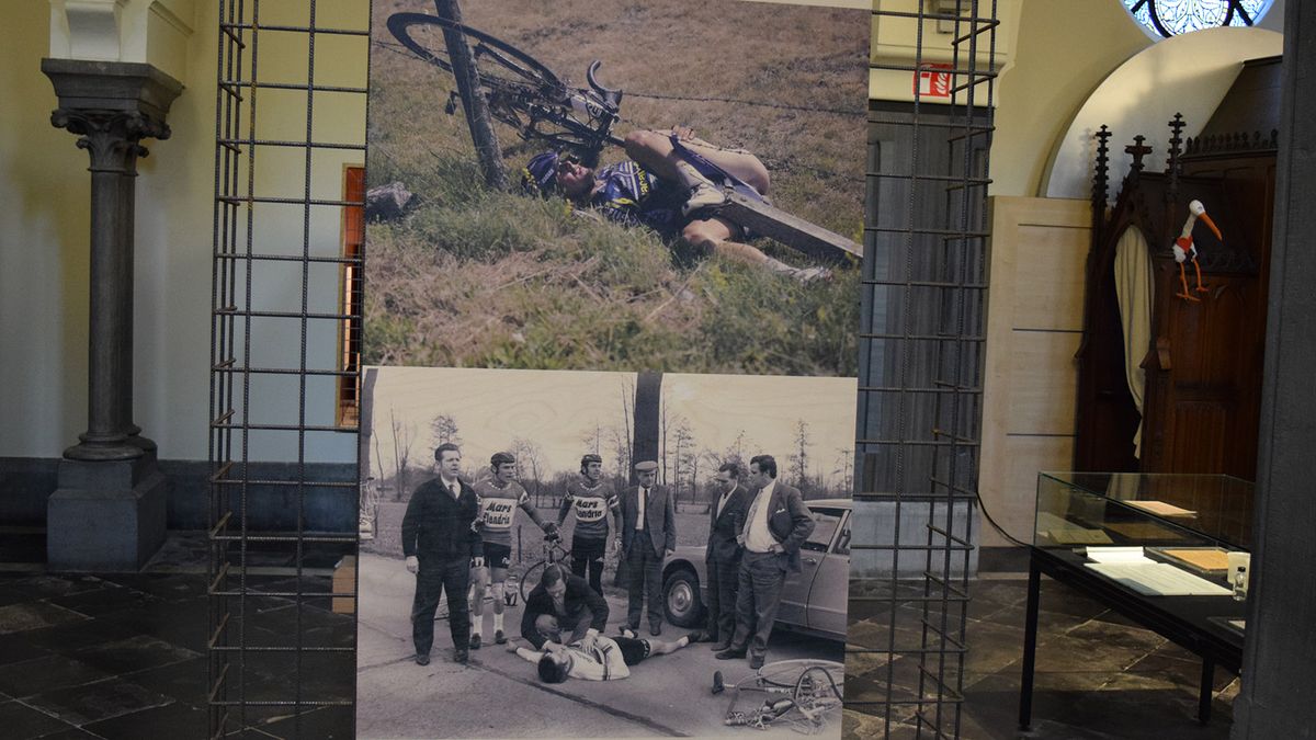 These images represent Jesus being nailed to the cross and dying on the cross. The lower image is a photo of Jean-Pierre Monser&eacute; who died during a race in 1971
