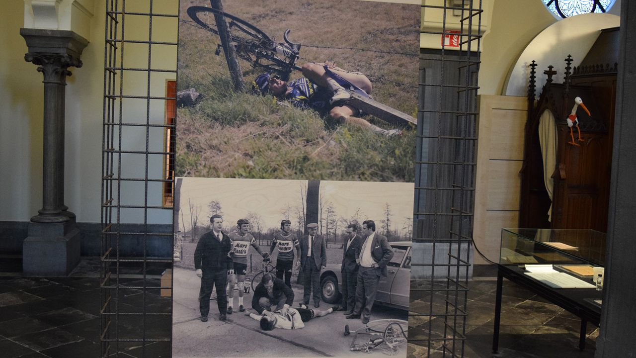 These images represent Jesus being nailed to the cross and dying on the cross. The lower image is a photo of Jean-Pierre Monser&eacute; who died during a race in 1971