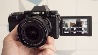 Fujifilm X-S20 camera with screen flipped out in vlog mode