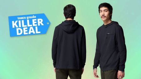 a Tom's Guide Killer Deal label next to a man wearing the Columbia Landroamer Hoodie