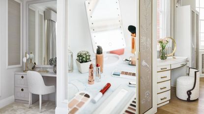 Three images of makeup vanity unites and makeup on a counter
