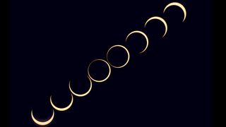 series of phases of the annular solar eclipse in 2023. A composite that records the sequence around mid-eclipse of the October 14, 2023 annular eclipse of the Sun. At this eclipse the Moon was near apogee so its disk was not large enough to completely cover the Sun&#039;s photosphere and create a total eclipse