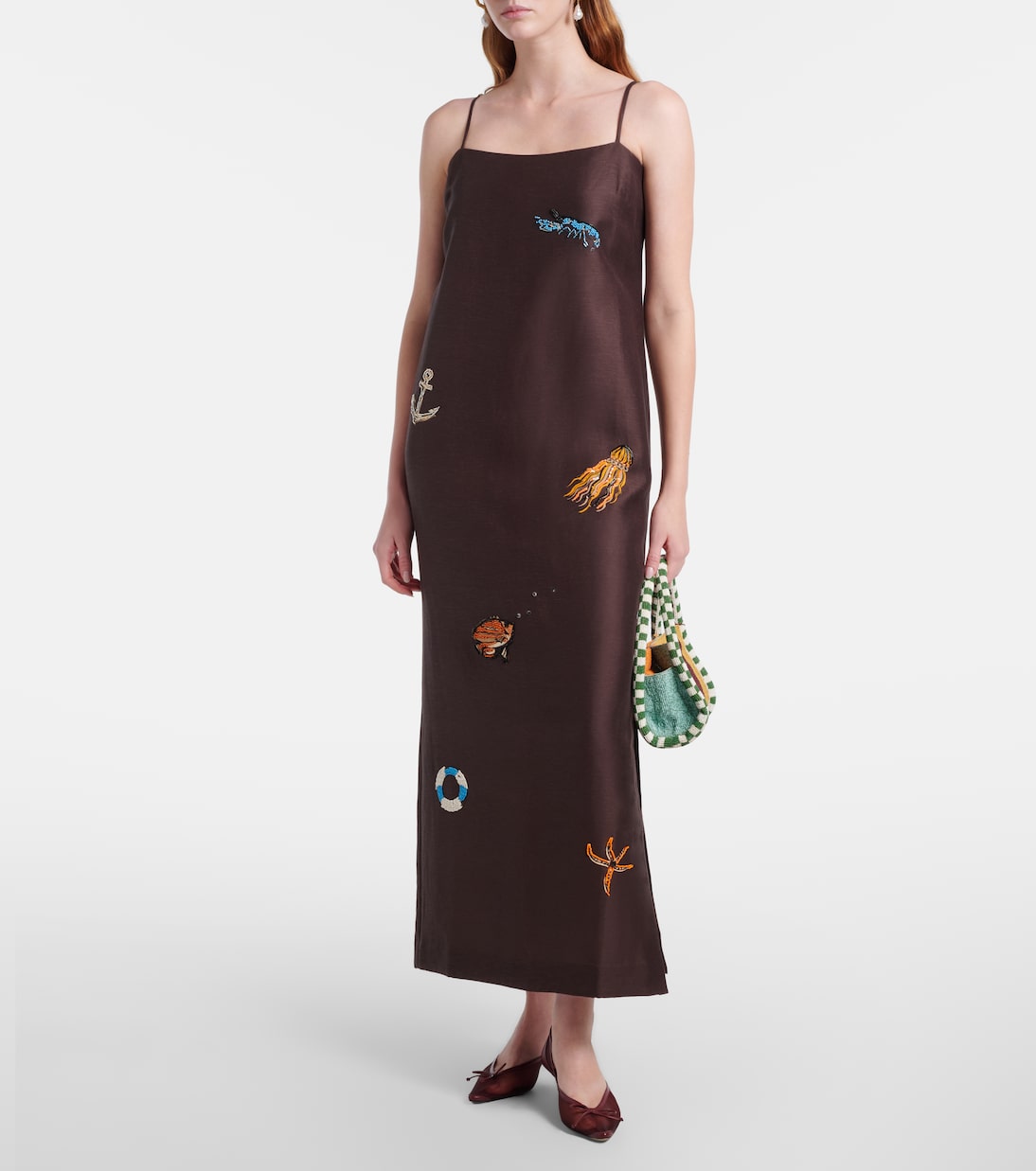 Embellished Printed Linen-Blend Maxi Dress in Brown - Alemais