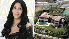 cher on a white background next to her Malibu home
