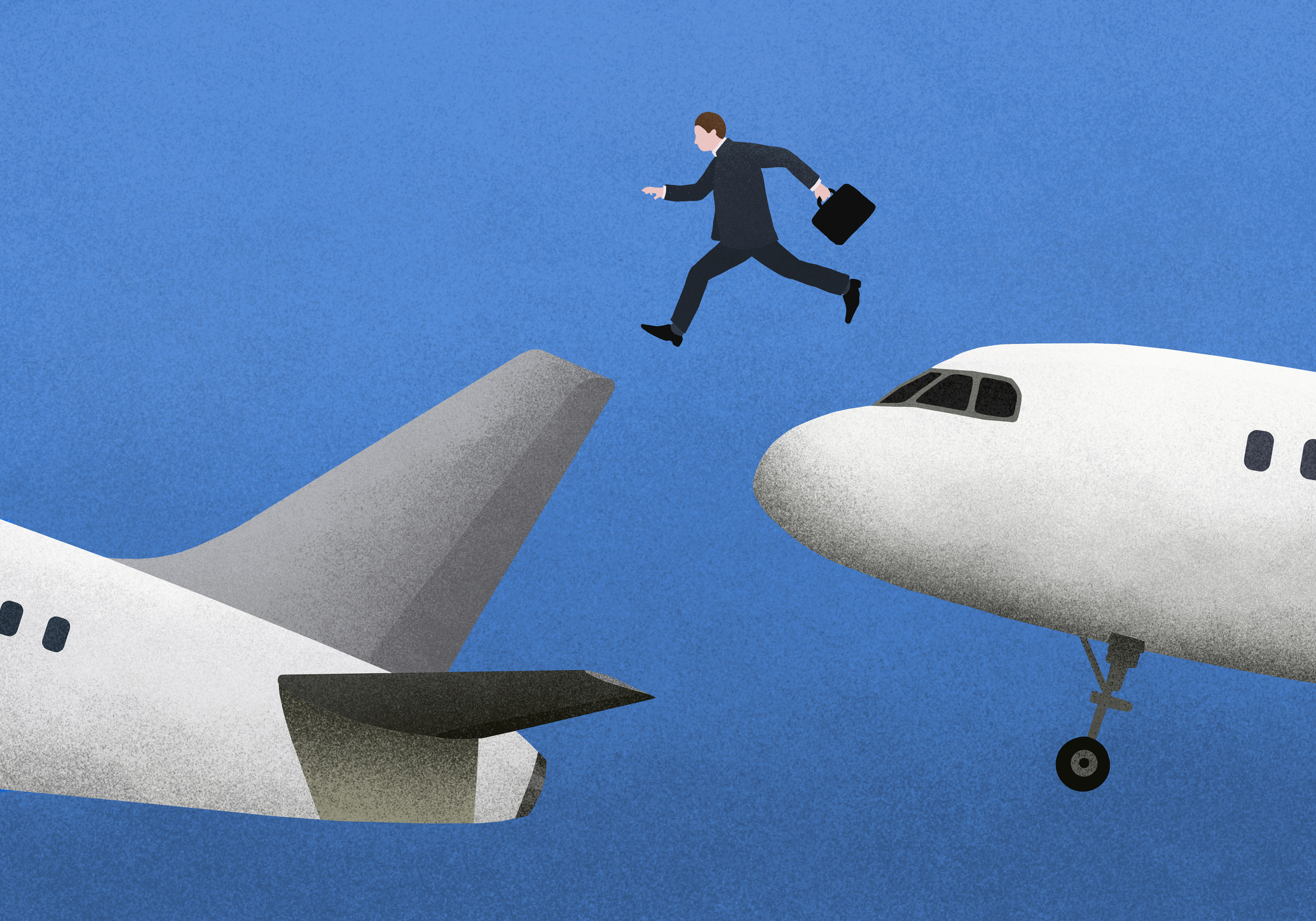 Illustrative image of businessman jumping over airplanes against blue background