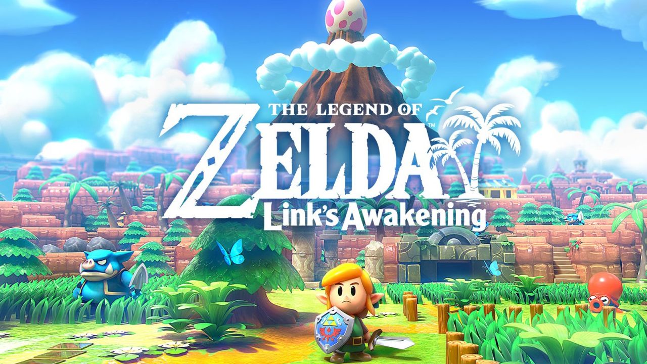 Key art from Link's Awakening showing Link standing at the foot of a tall mountain.