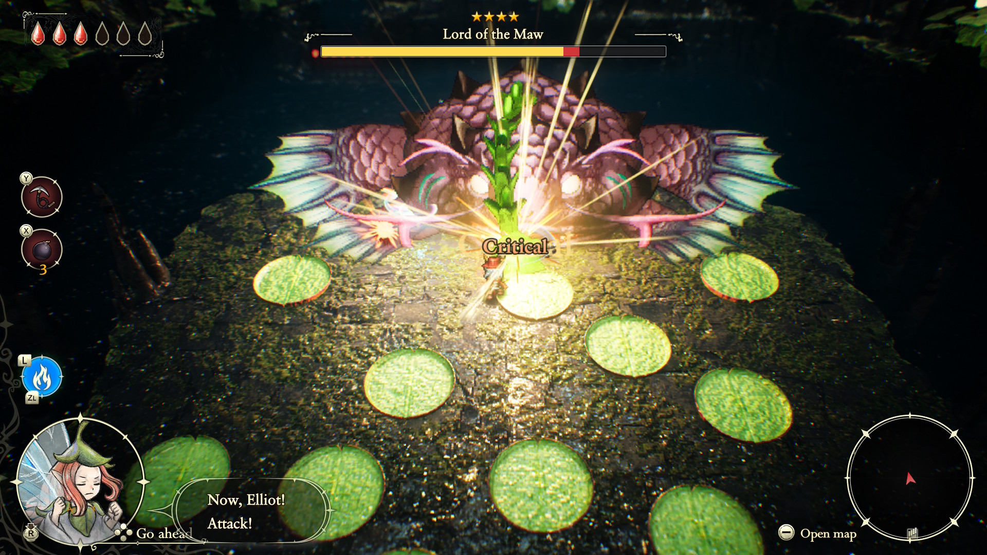 Getting a critical hit on the Lord of the Maw in a dungeon boss arena filled with lily pads in The Adventures of Elliot: The Millennium Tales
