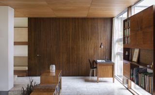 study with timber clad interiors at of restored Peter Womersley house in High Sunderland