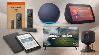 A collage of Amazon Devices that are currently on sale at the retailer, including an Echo Dot, Fire TV Stick, Echo Show, Kindle and Fire TV.
