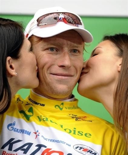 Pavel Brutt (Katusha) in yellow on the podium as race leader after stage 2