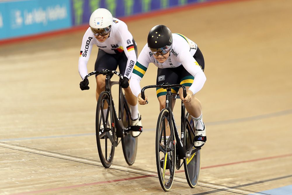 Stephanie Morton of Australia competes against Emma Hinze of Germany in the Women's Sprint