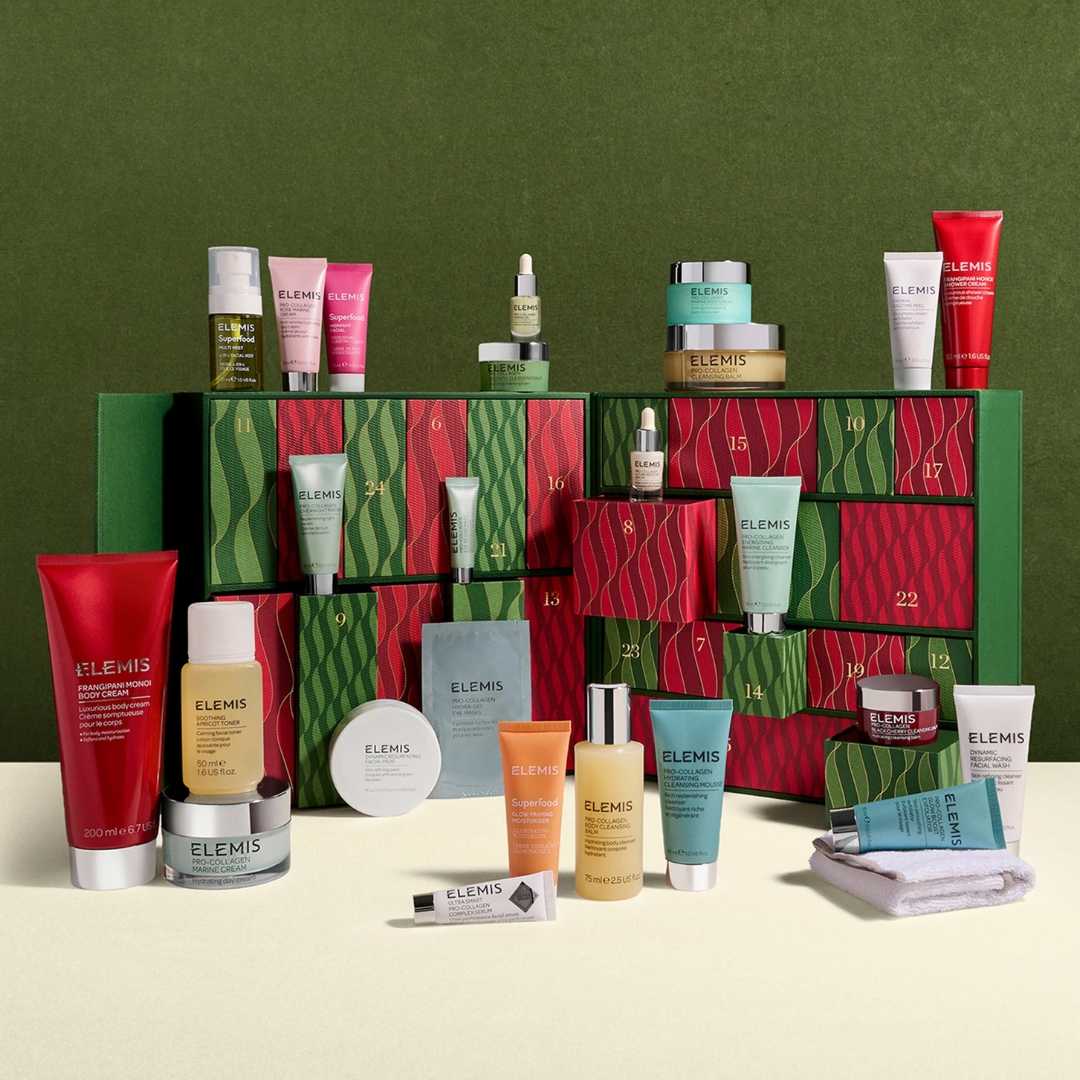 Elemis The Ultimate Beauty Advent Calendar with its contents in front