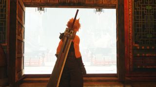 Cloud stands in front of a doorway leading out into blinding light