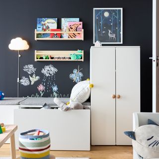 A childrens bedroom with navy blue walls, a white wardrobe, white storage furniture and bookshelves holding colourful books